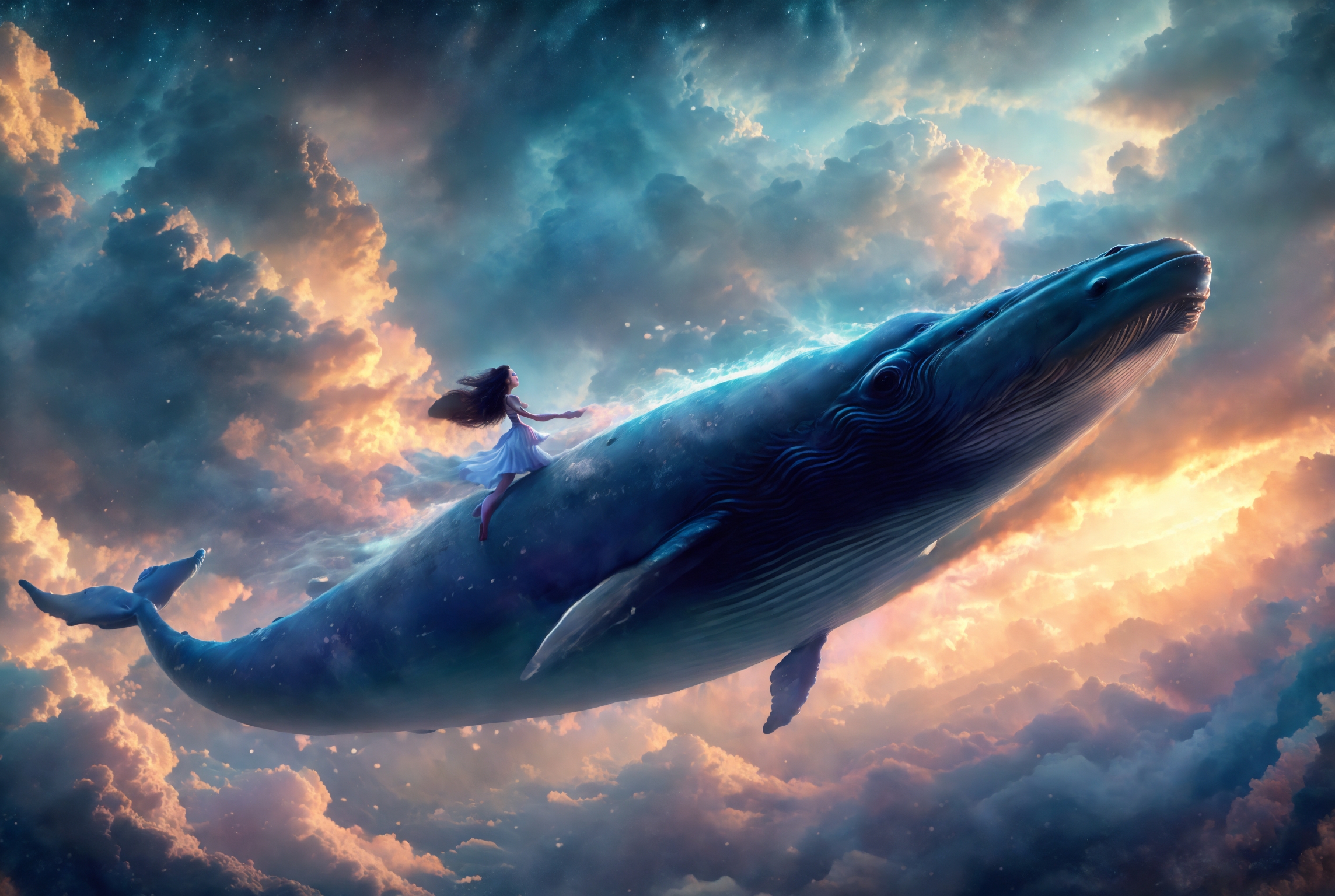 606247209521970391-3910807617-xuer Big whale, 1girl, whale, sky, long hair, star _(sky_), solo, dress, standing, starry sky, cloud, scenery, oversized animal,.jpg